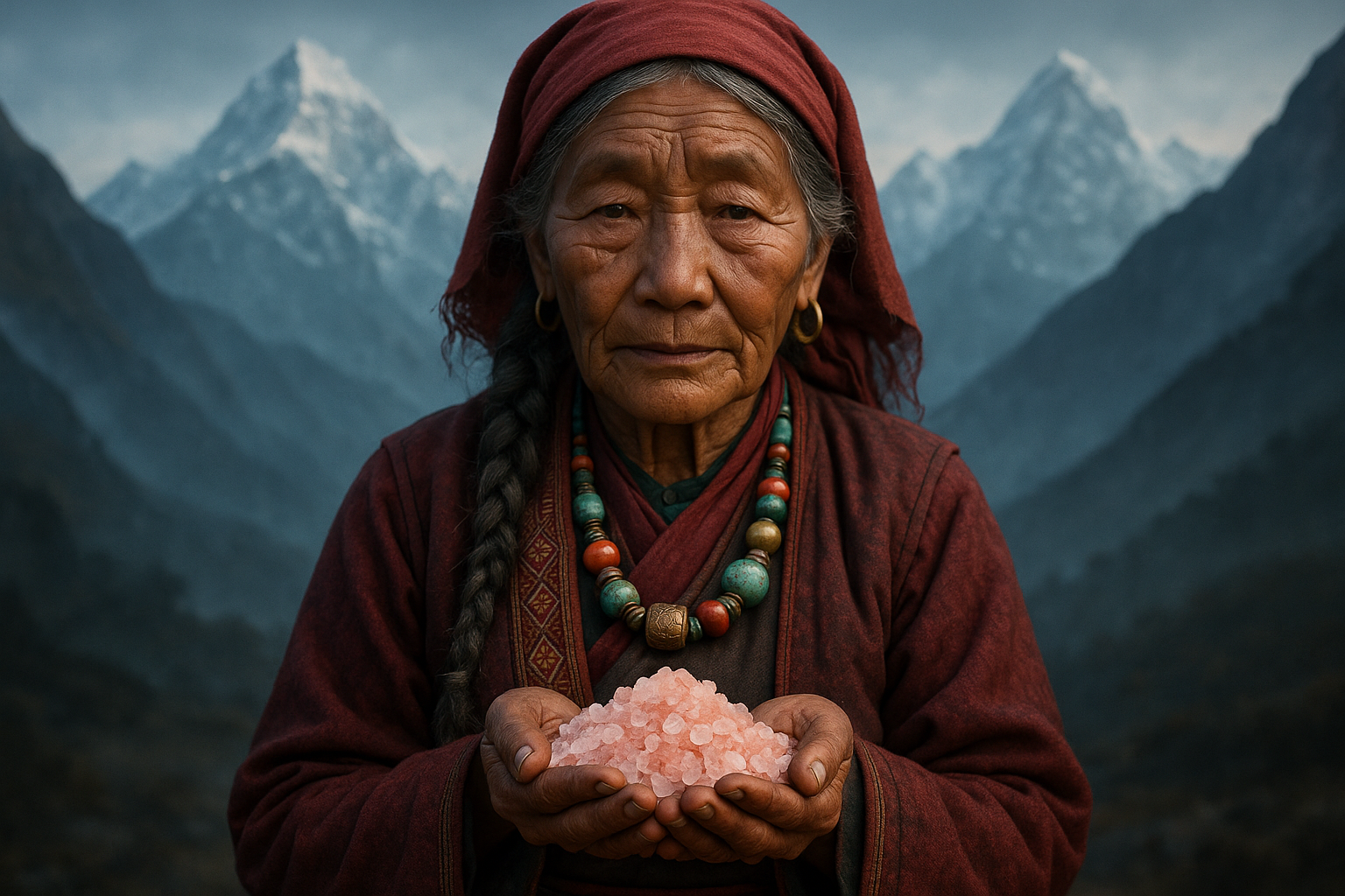 Wise Himalayan sherpa woman with pink salt