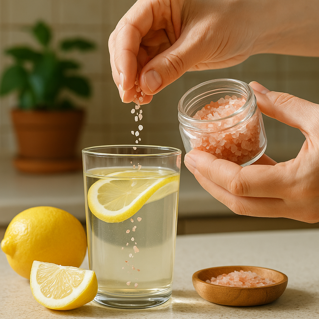 Hands adding pink salt to lemon water